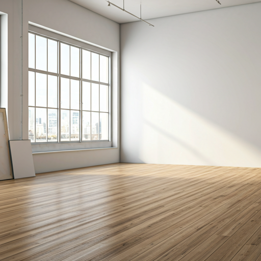 Minimalistisches, lichtdurchflutetes Atelier mit großen Industrie-Fenstern, aufgestellten Leinwänden und Eichenholzboden.
